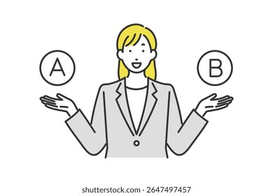 Ilustração de uma mulher de negócios introduzindo duas opções, A e B.