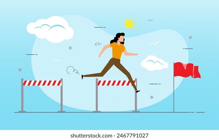 An illustration of businesswoman jump over hurdles to get red flag. Overcoming obstacles to reach goals. Business challenges concept.