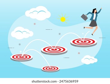 An illustration of businesswoman jumping on bigger and higher archery bull's eye target. Motivation to achieve bigger business target or business growth concept