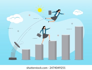 An illustration of businesswoman jumping springboard to outsmart competitor overtake business winning, smart way to win business concept, 