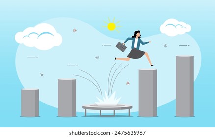An illustration of businesswoman jumping from trampoline back to top of bar graph. Business challenge, earning and profit growth jump from bottom concept.