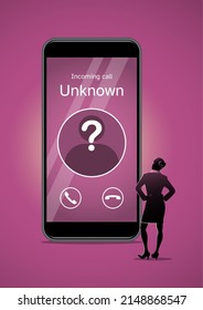 An illustration of a businesswoman looking at the unknown number calling mobile phone