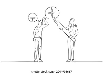 Illustration of businesswoman manager using pencil to draw positive sign on employee negative thought concept of attitude. Single continuous line art style