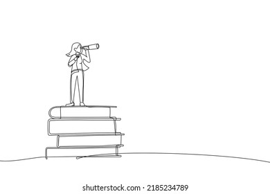Illustration of businesswoman on books stack using telescope for good vision. Knowledge or education for future job and personal improvement concept, . One line art style
