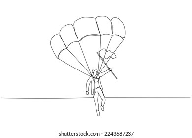 Illustration of businesswoman on a parachute with a flag lands on target concept of solution. One continuous line art style