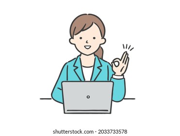 Illustration of a businesswoman operating a laptop.