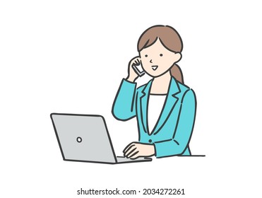 Illustration of a businesswoman operating a laptop.