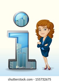 Illustration of a businesswoman with a pleasing personality beside the number one figure on a white background