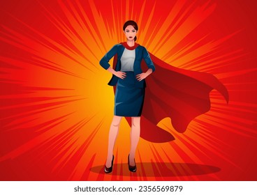 Illustration of a businesswoman posing as a superhero, exuding confidence and leadership. Symbolizing professional excellence, ambition, innovation, and the power of ambition in the corporate world