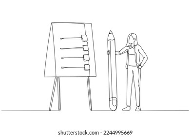 Illustration of businesswoman present action plan with checklist step on whiteboard concept of procedure. Continuous line art style