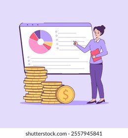 Illustration of Businesswoman Presenting Financial Data Analysis