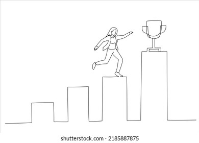 Illustration of businesswoman professional step up growing bar graph to win the trophy. Business winner, achievement or prize. One continuous line art style
