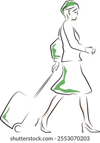 Illustration of a businesswoman pulling a suitcase on her way to a business trip