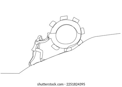 Illustration of businesswoman pushing gear to the top metaphor of persistence and hard work. One line art style