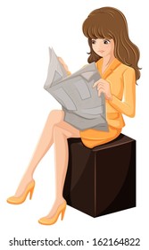 Illustration of a businesswoman reading a newspaper on a white background