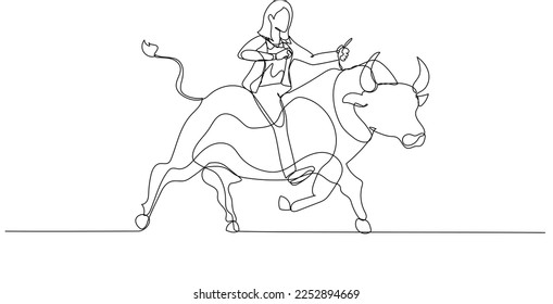 Illustration of businesswoman riding on the bull working in stock market trading