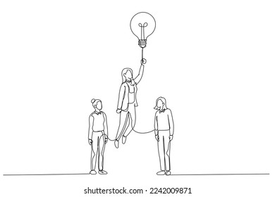 Illustration of businesswoman rising on bulb balloon try to find opportunity. One line art style
