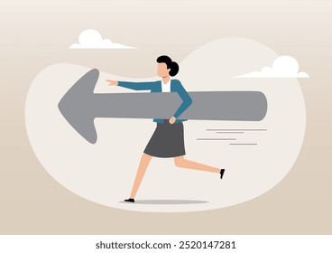 An illustration of businesswoman running with arrow direction. Move forward for success future, business direction, career path or way to success, opportunity or mission concept
