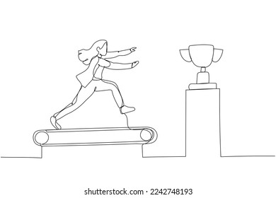 Illustration of businesswoman running on the treadmill try to get trophy concept of rat race. Single continuous line art style