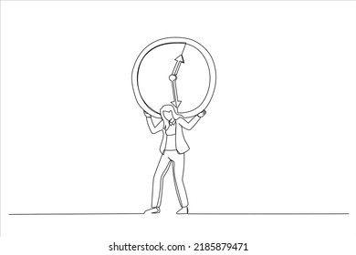 Illustration of businesswoman salary woman carry heavy big clock burden. Time management failure concept. One continuous line art style
