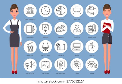 Illustration of businesswoman, secretary or office worker. Set of round icon subjects. Young beautiful women in modern office clothes. A woman stands and smiles, a girl stands with her arms crossed