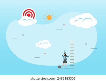An illustration of businesswoman with too short ladder cannot reach target. Missing goal on unreachable target concept