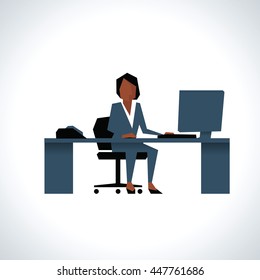 Illustration Of Businesswoman Sitting At Desk Using Computer