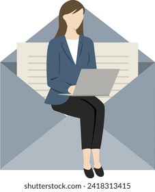 Illustration of a businesswoman sitting in front of an envelope with a laptop