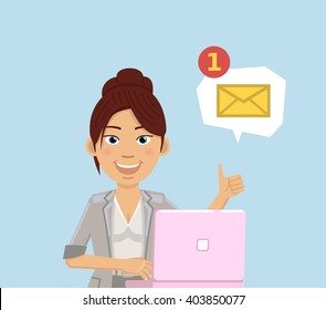 Illustration of a businesswoman sitting with laptop and showing thumb up gesture. Email, message receive concept. Flat style vector illustration