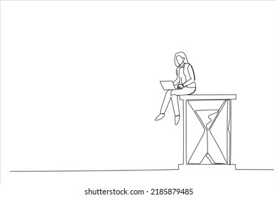 Illustration of businesswoman sitting on the hourglass with laptop legs crossed. Time management and procrastination concept. One line style art
