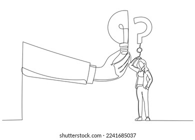 Illustration of businesswoman stand with question mark sign then helping hand put half of lightbulb lamp . Business problem. One line style art
