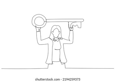 Illustration of businesswoman standing carry big key in raised over head. Metaphor for having strategic key ideas. One line art style
