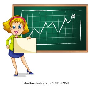 Illustration of a businesswoman standing in front of the blackboard with an empty signage on a white background