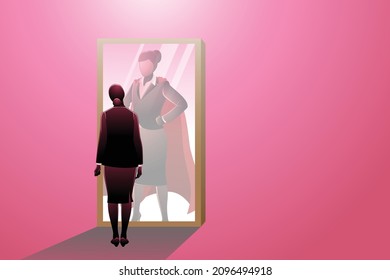 Illustration of a businesswoman standing in front of a mirror, reflecting a businesswoman hero