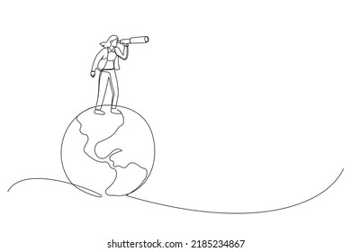 Illustration of businesswoman standing on planet earth globe using telescope search new opportunity. Globalization, global business vision. One line art style