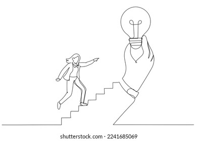 Illustration of businesswoman step on stair of big hand holding inspiring bright lightbulb. Inspiration idea. One continuous line art style
