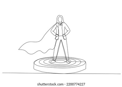 Illustration of businesswoman superhero leader on podium, standing proud and strong. Metaphor for business womanagement and boss. Single line art style
