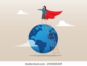 Una ilustración de una mujer de negocios superhéroe en el planeta tierra del mundo apuntando hacia la dirección. Líder mundial de la mujer, señora del superhéroe para señalar la dirección para el futuro concepto de éxito