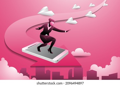 Illustration of businesswoman surfing with smartphone on rising arrow meanwhile paper plane group following her