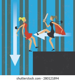 Illustration of a businesswoman with a sword fighting against another woman. The grunge texture is removable from the background.