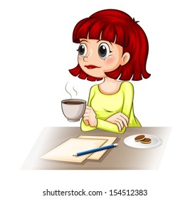 Illustration of a businesswoman taking her cup of tea while making a report on a white background