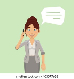 Illustration of a businesswoman talking on the phone. Cheerful businesswoman with phone isolated on abstract background. Flat style vector illustration
