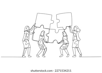 Illustration of businesswoman with team bringing puzzle together. Concept of teamwork. Single continuous line art style