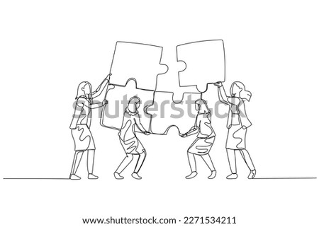Illustration of businesswoman with team bringing puzzle together. Concept of teamwork. Single continuous line art style