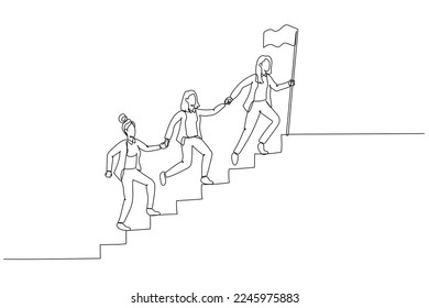 Illustration of businesswoman team walking up staircase, holding hands with raised flag. Single line art style