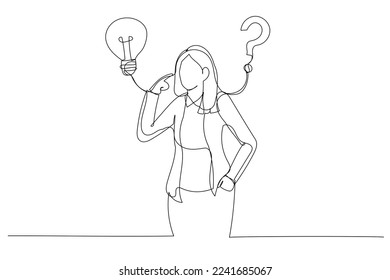 Illustration of businesswoman think of solution to solve problem with lightbulb and question mark. Solution to solve problem. One continuous line art style
