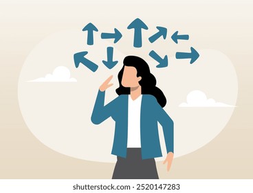 An illustration of businesswoman thinking and make business decisions. Tough decisions, choosing career path, business directions challenge, confusion or decide options concept