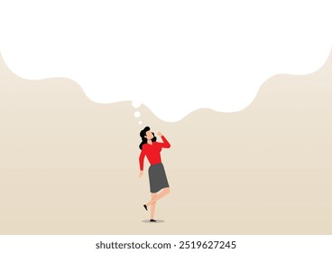 An illustration of businesswoman thinking with many thinking bubbles. Too many thinking ideas, contemplation solutions for trouble, concerned or anxiety concept