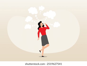 An illustration of businesswoman thinking with many thinking bubbles. Too many thinking ideas, contemplation solutions for trouble, concerned or anxiety concept