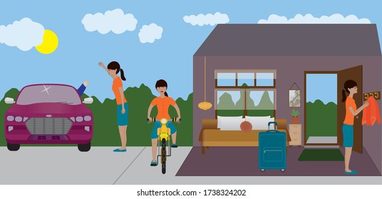 Illustration of a businesswoman traveling using ride-share, bicycle or bicycle -share, and renting a house or apartment; symbols of the sharing economy. 